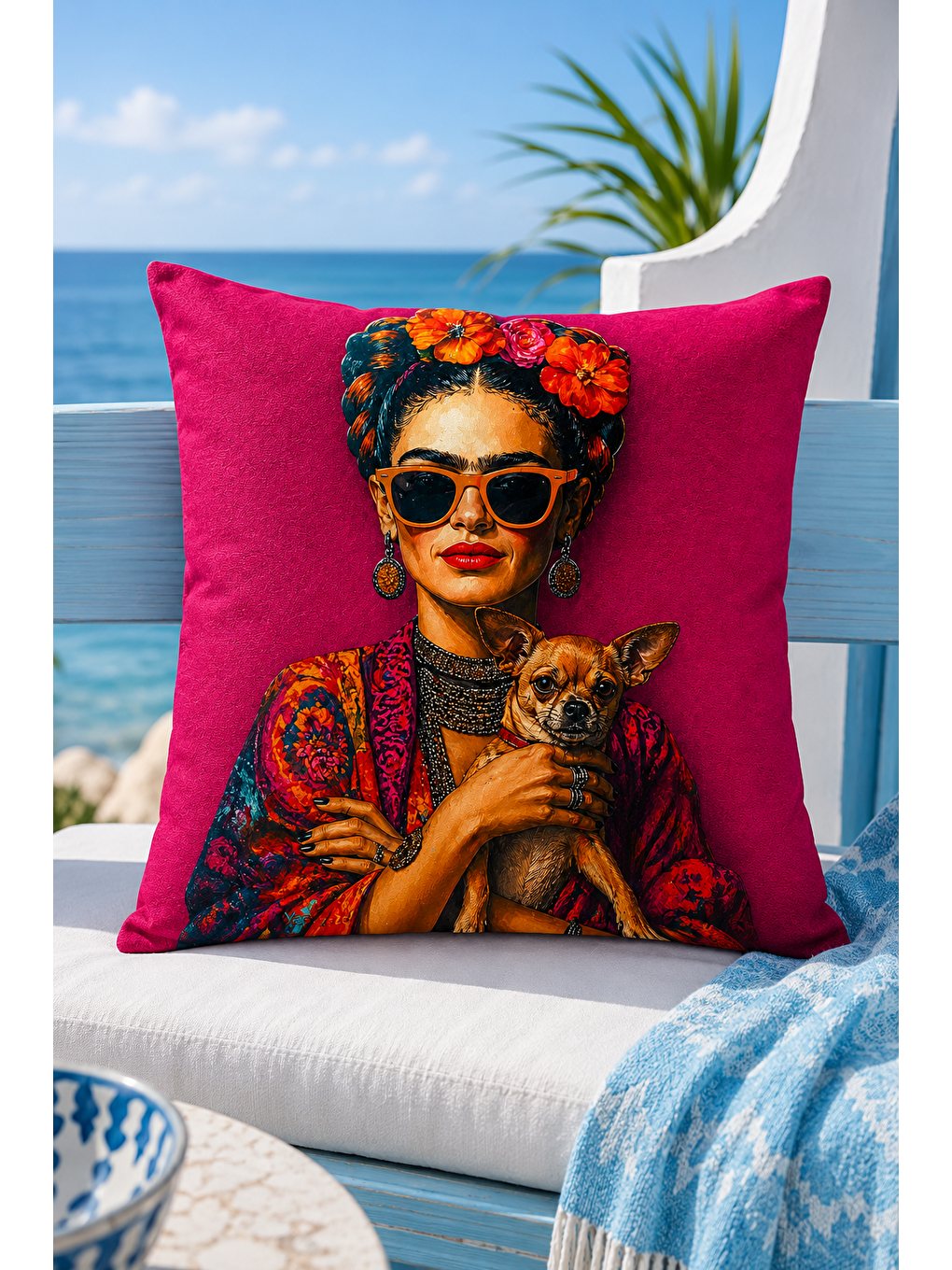 Fuşya Çiçek Taçlı Kadın Köpek Desenli Dekoratif Kırlent Kılıfı Bohem Pop Art Dekor 43x43 Cm-1
