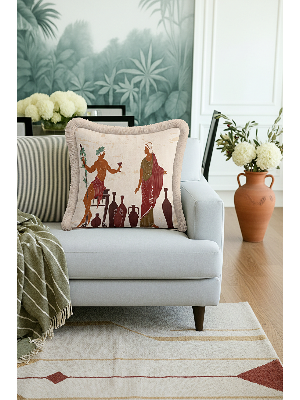 Karışık Antik Yunan Motifli Saçaklı Yastık Kılıfı - Klasik Etnik Bej Bordo Püsküllü Kırlent Kılıfı-3