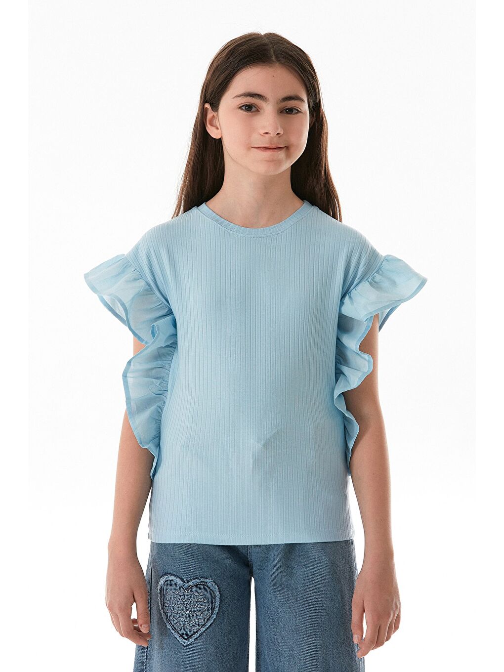 Mavi Fitilli Yanları Volanlı Kız Çocuk Bluz-1
