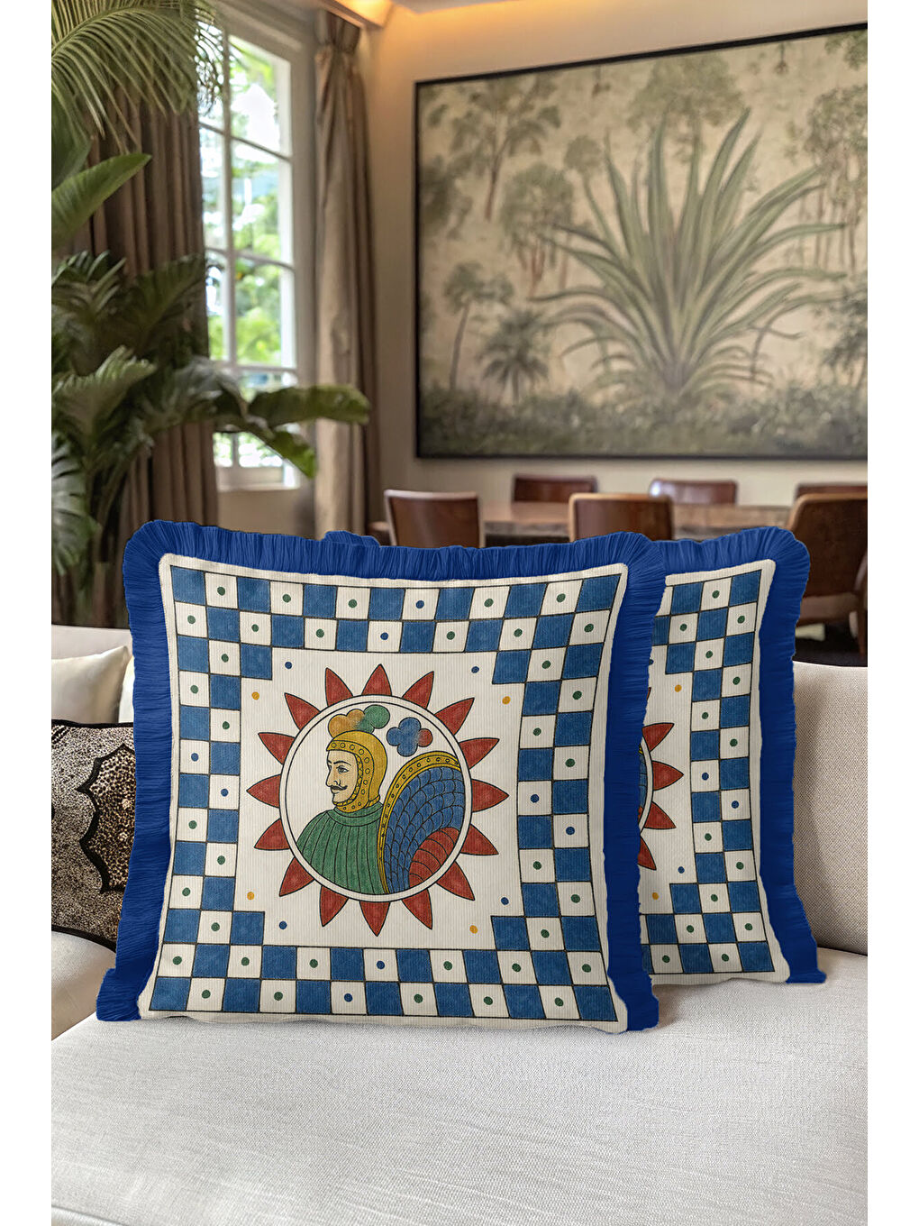 Karışık Saray Motifli Saçaklı Yastık Kılıfı - Mitolojik Figürlü Bohem Mavi Krem Püsküllü Kırlent Kılıfı-5