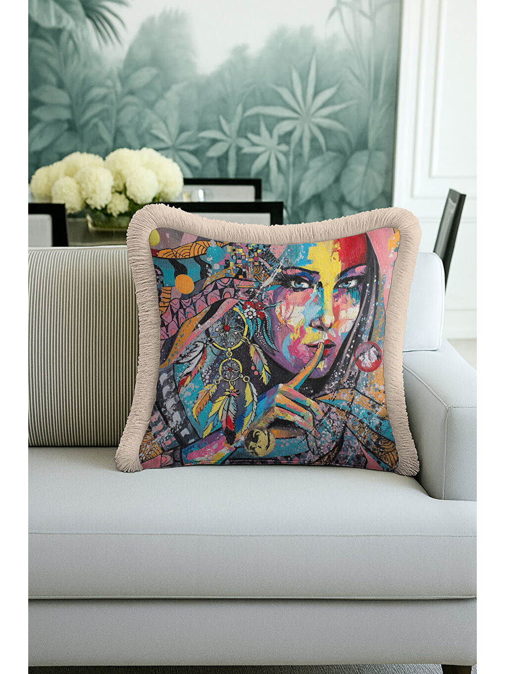 Karışık Renkli Sanat Portre Saçaklı Yastık Kılıfı - Bohem Etnik Vurgulu Mavi Bej Püsküllü Kırlent Kılıfı-3