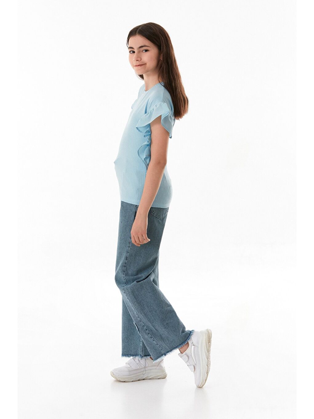 Mavi Fitilli Yanları Volanlı Kız Çocuk Bluz-3