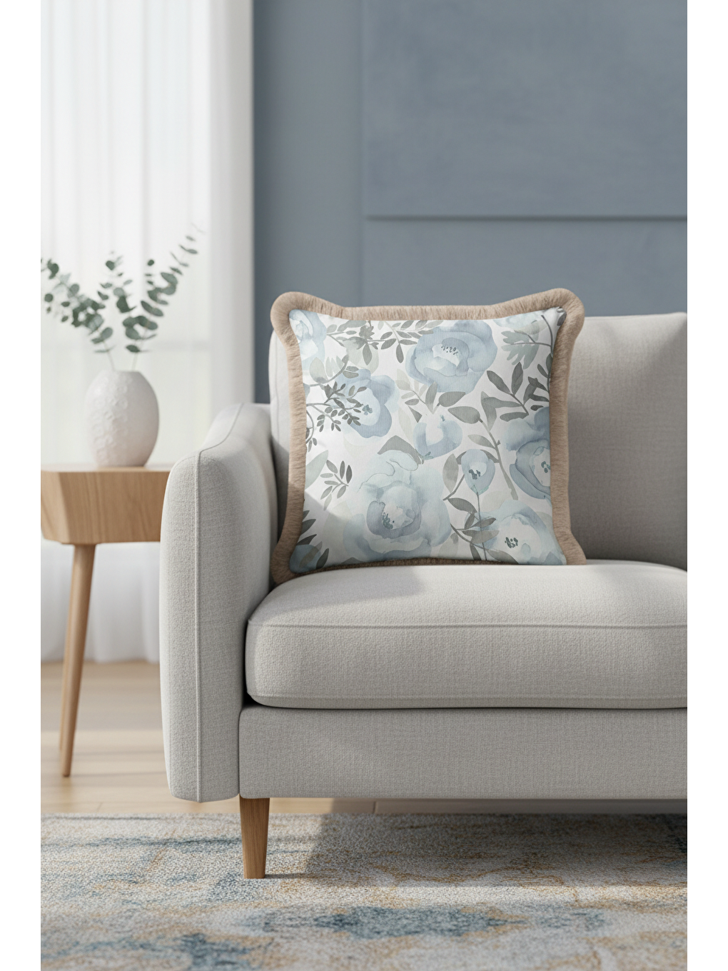 Karışık Sulu Boya Çiçekli Saçaklı Yastık Kılıfı - Pastel Mavi Bohem Sade Bej Püsküllü Kırlent Kılıfı-2