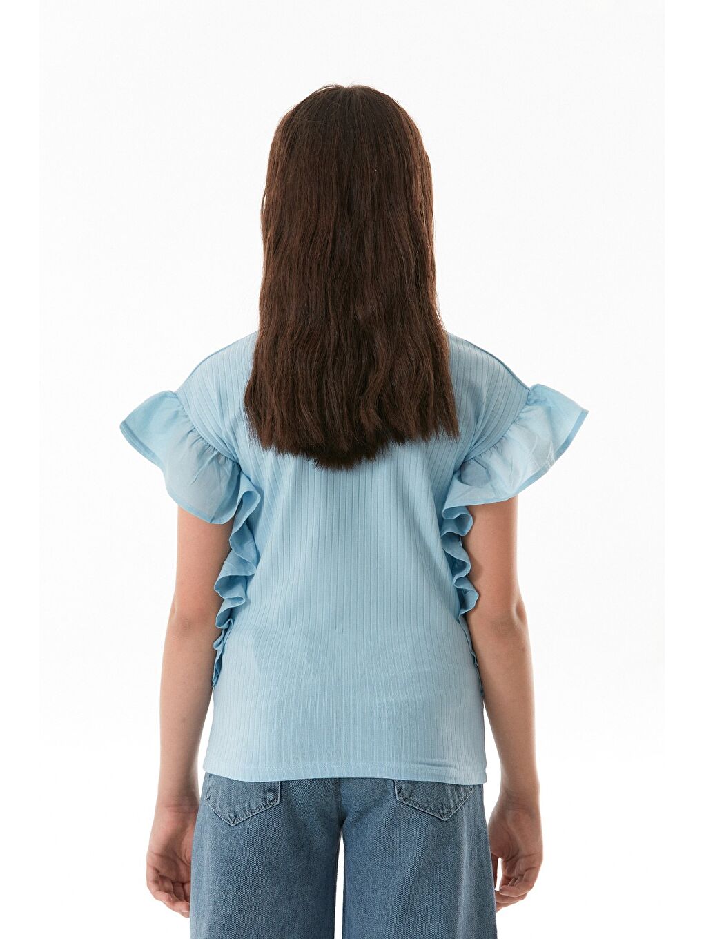 Mavi Fitilli Yanları Volanlı Kız Çocuk Bluz-4