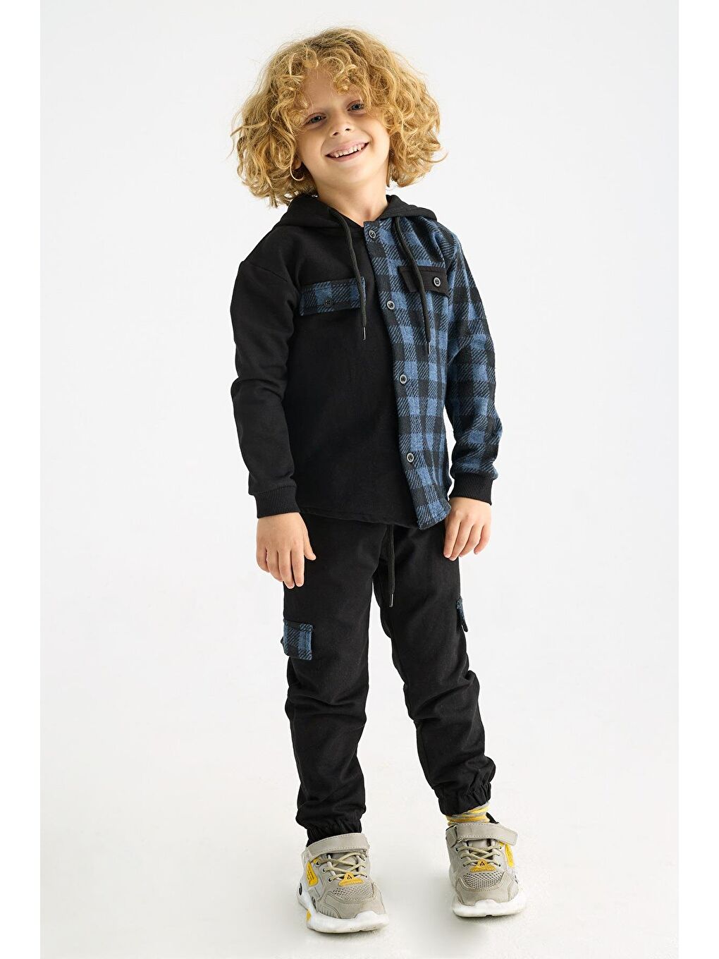 İndigo Kapüşonlu Ekoseli Cepli Erkek Çocuk Takım