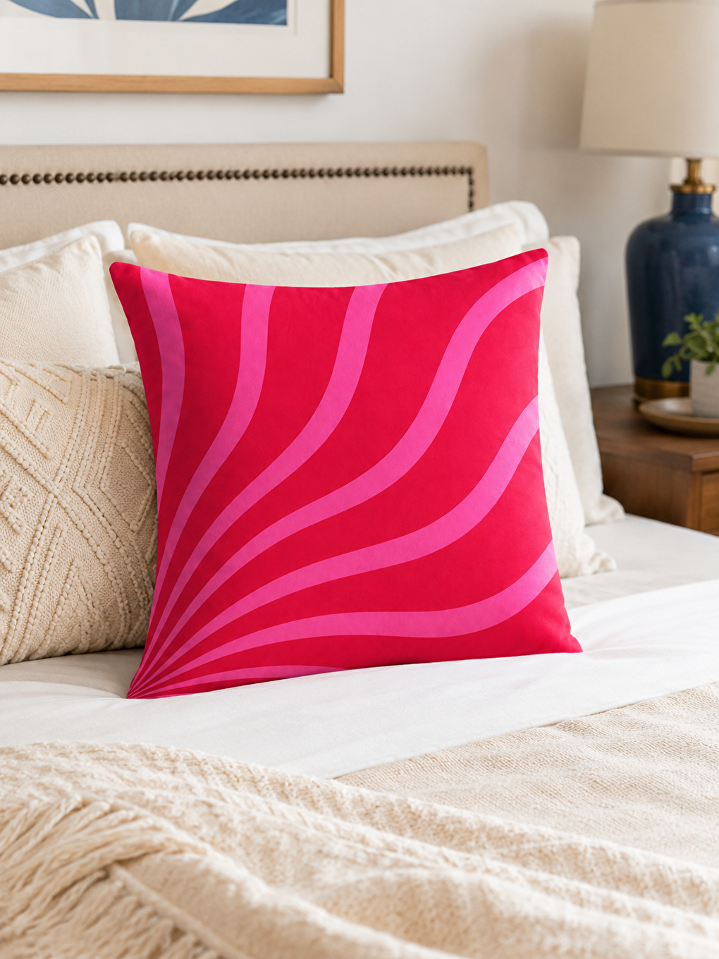 Fuşya Pembe Dalga Soyut Desenli Dekoratif Kırlent Kılıfı Modern Minimal Dekor 43x43 Cm-2