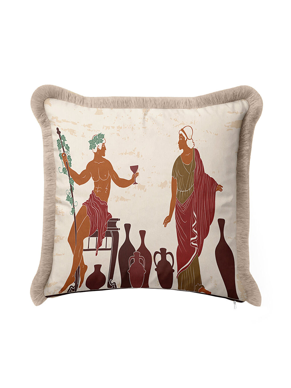 Karışık Antik Yunan Motifli Saçaklı Yastık Kılıfı - Klasik Etnik Bej Bordo Püsküllü Kırlent Kılıfı-4