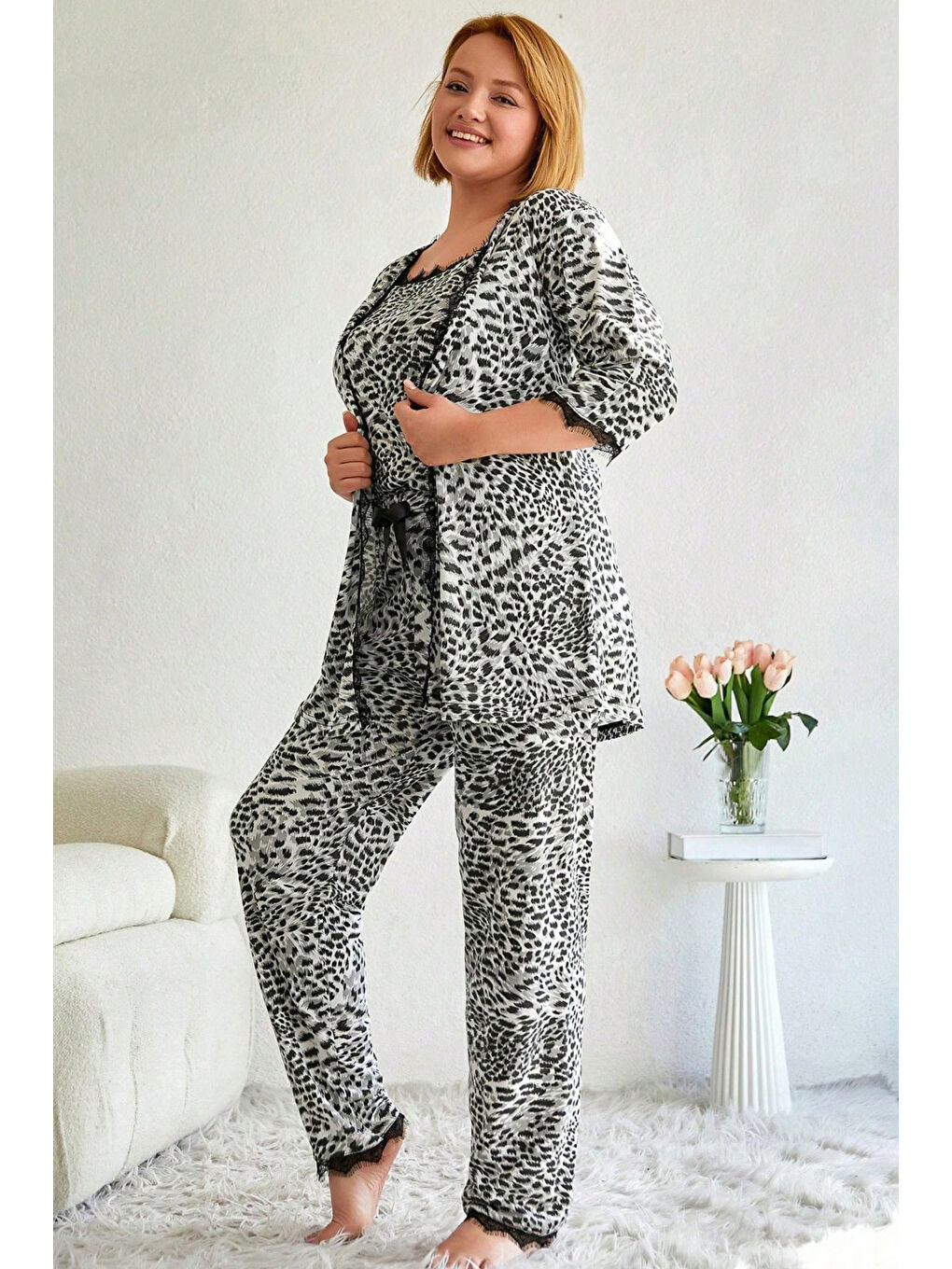 Desenli Üçlü Pijama Takımı Siyah Beyaz - 28075-SIYAH-BEYAZ-2