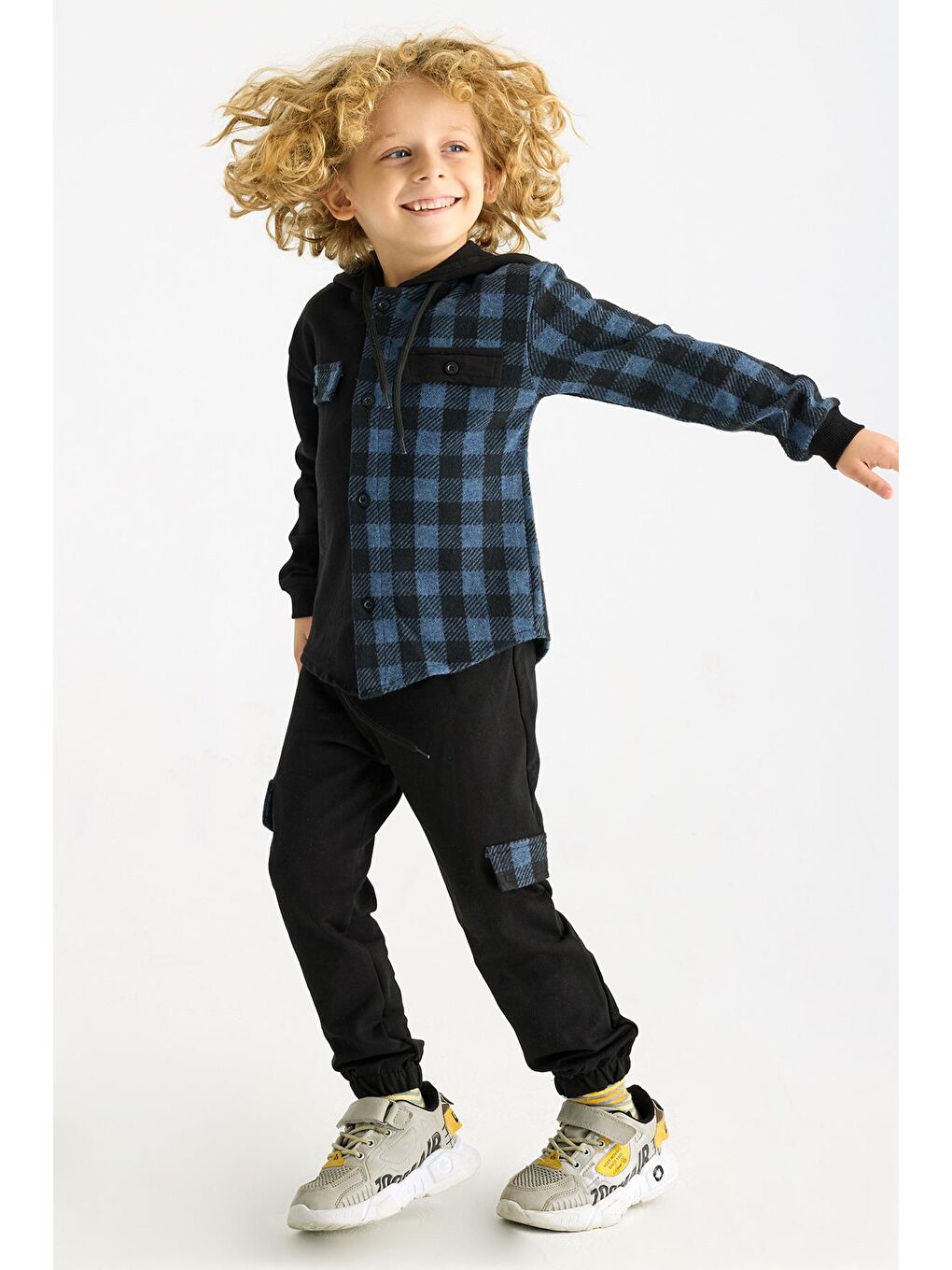 İndigo Kapüşonlu Ekoseli Cepli Erkek Çocuk Takım-2