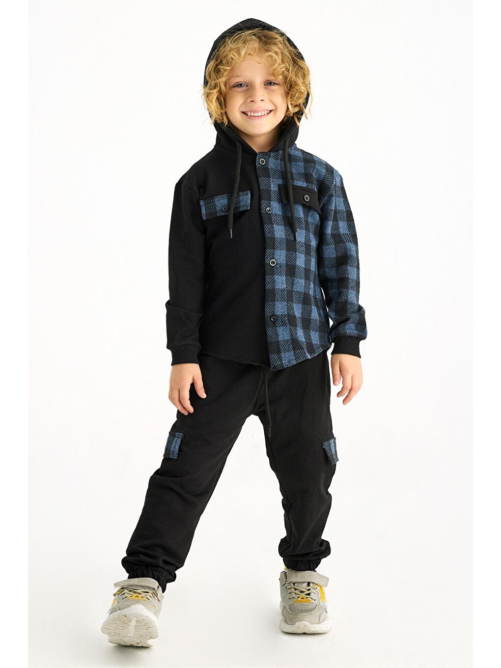 İndigo Kapüşonlu Ekoseli Cepli Erkek Çocuk Takım-3