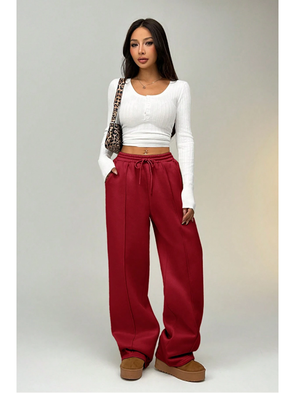 Kadın Kırmızı Çımalı 2 Iplik Bol Paça Eşofman Altı-1