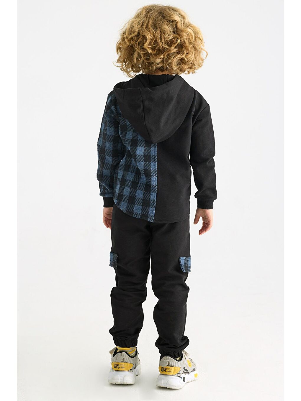 İndigo Kapüşonlu Ekoseli Cepli Erkek Çocuk Takım-4