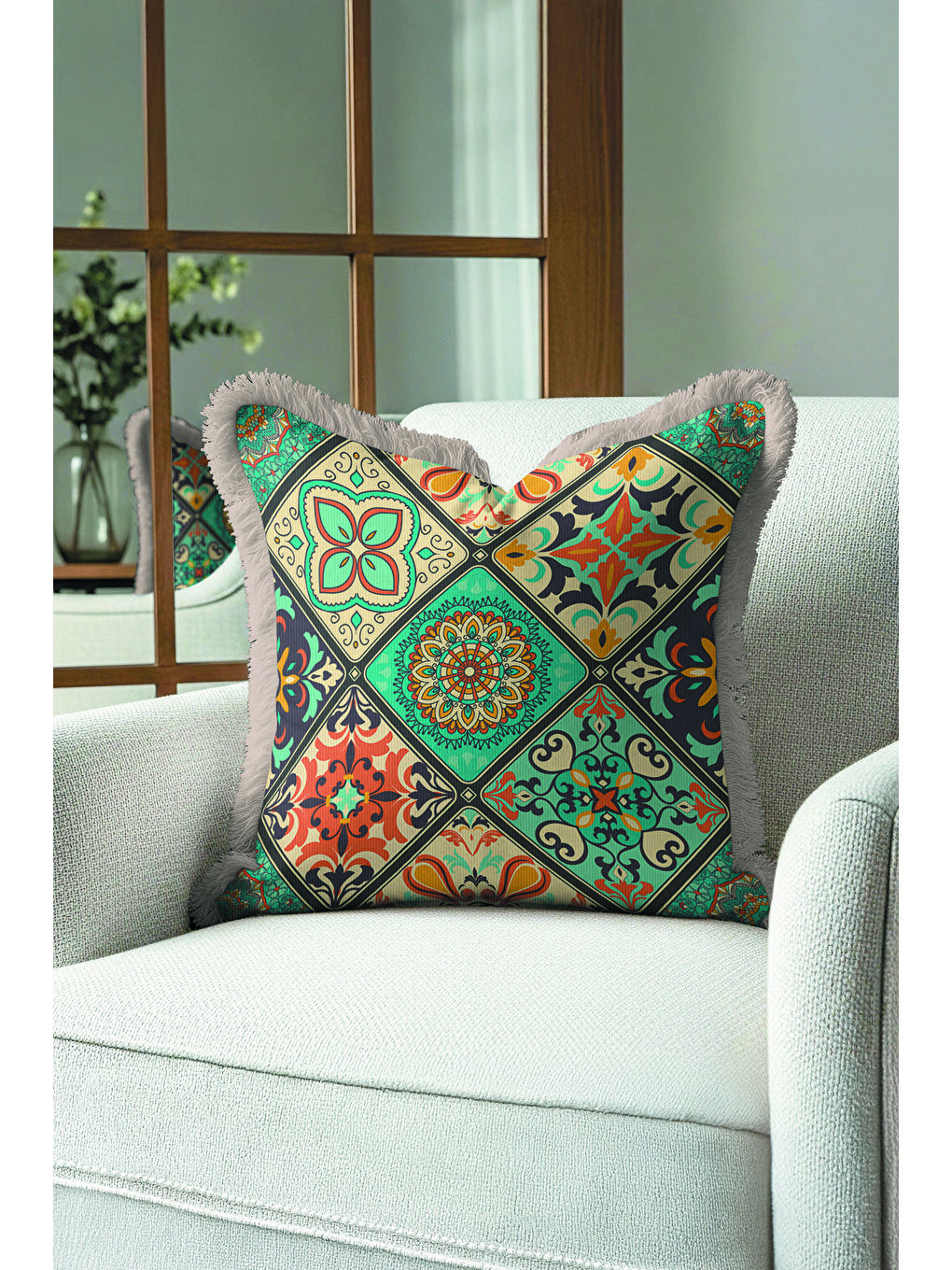 Karışık Avangart Mozaik Saçaklı Yastık Kılıfı - Vintage Etnik Mint Turuncu Gri Püsküllü Kırlent Kılıfı-2