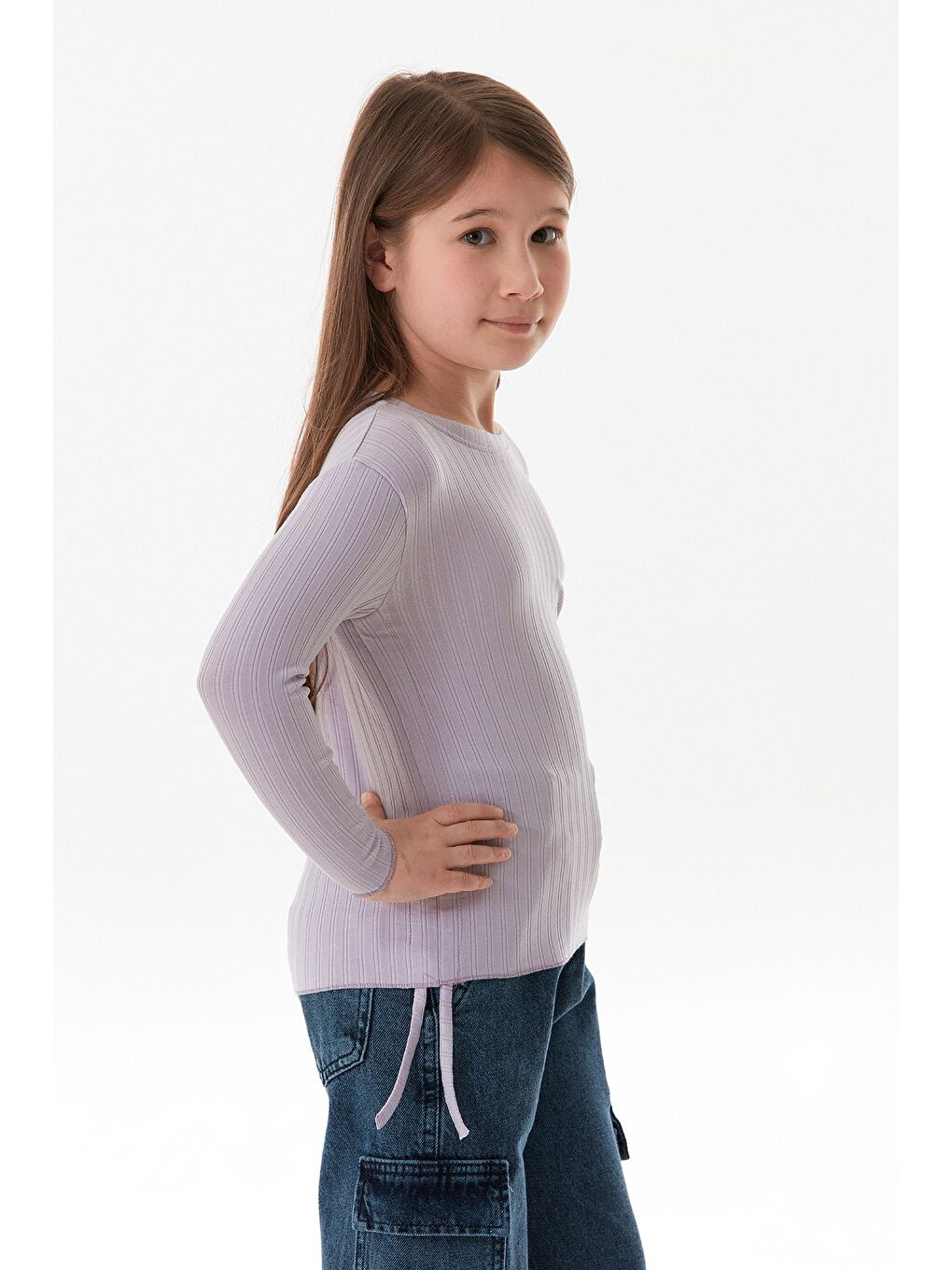 Lila Fitilli Girl Power Baskılı Yanları Büzgülü Kız Çocuk Bluz-1