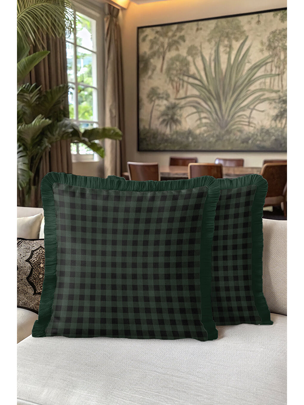 Karışık Lüks Ekose Saçaklı Yastık Kılıfı - Yeşil Kareli Klasik Rustik Püsküllü Kırlent Kılıfı-5