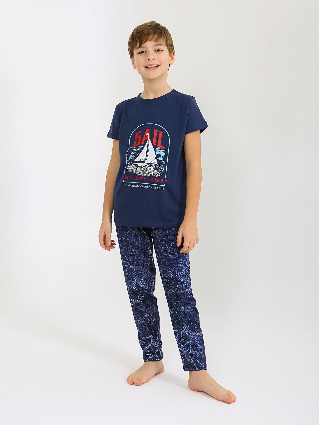 Lacivert Erkek Çocuk Kısa Kollu %100 Pamuklu Pijama Takımı Sail-2