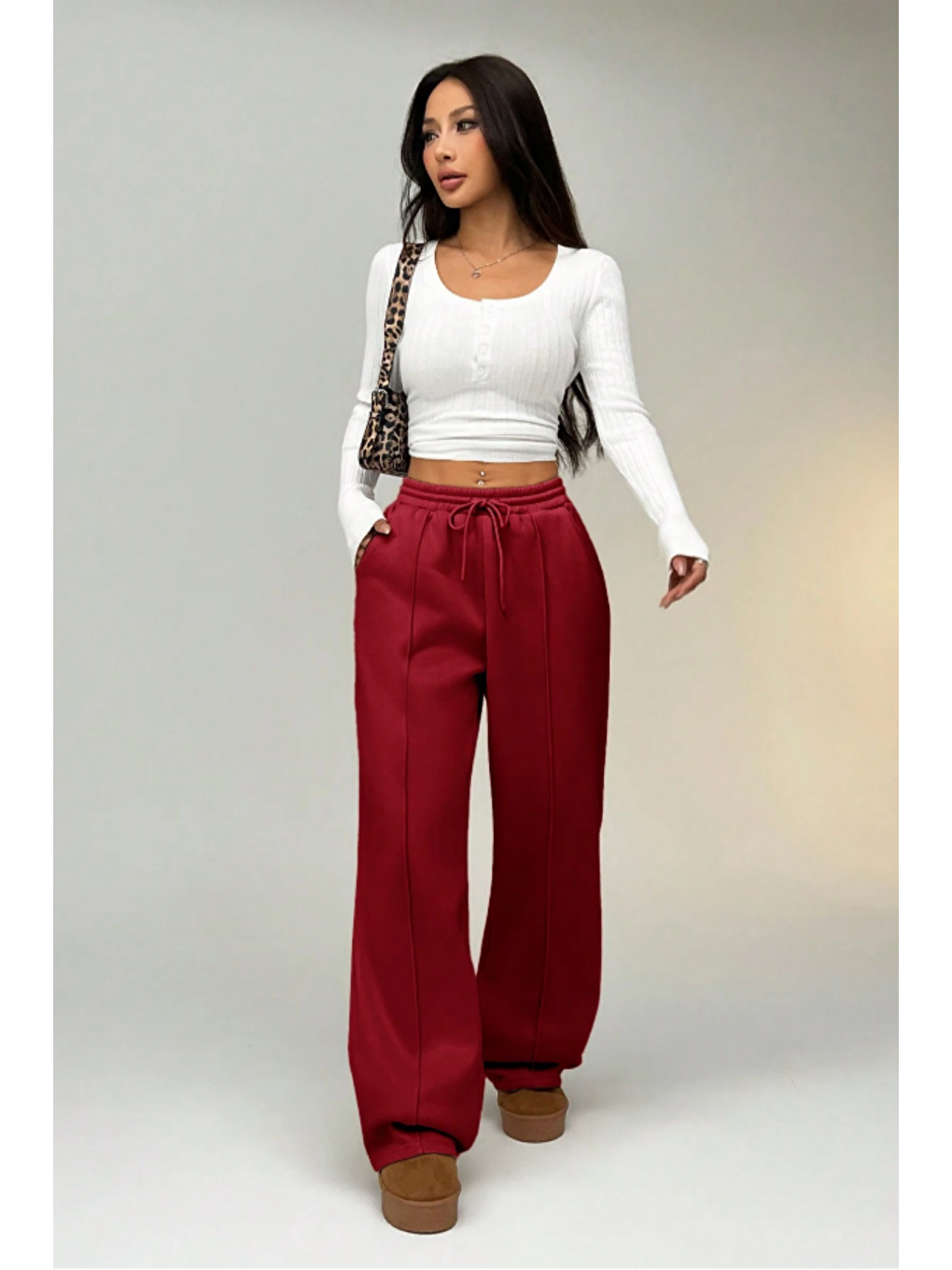 Kadın Kırmızı Çımalı 2 Iplik Bol Paça Eşofman Altı-3