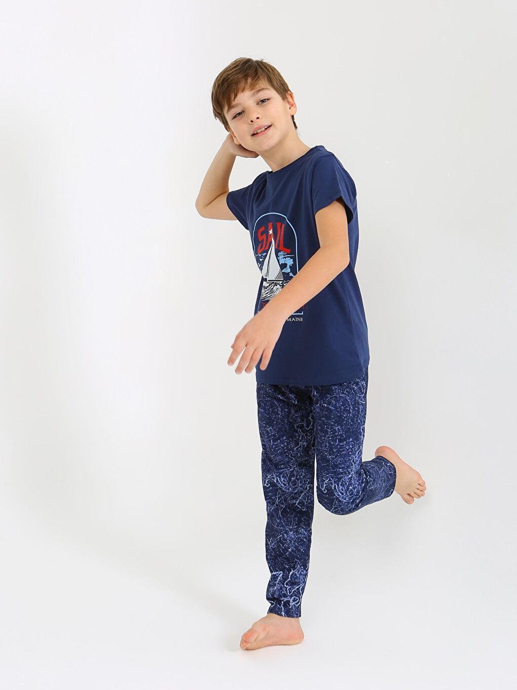 Lacivert Erkek Çocuk Kısa Kollu %100 Pamuklu Pijama Takımı Sail-3