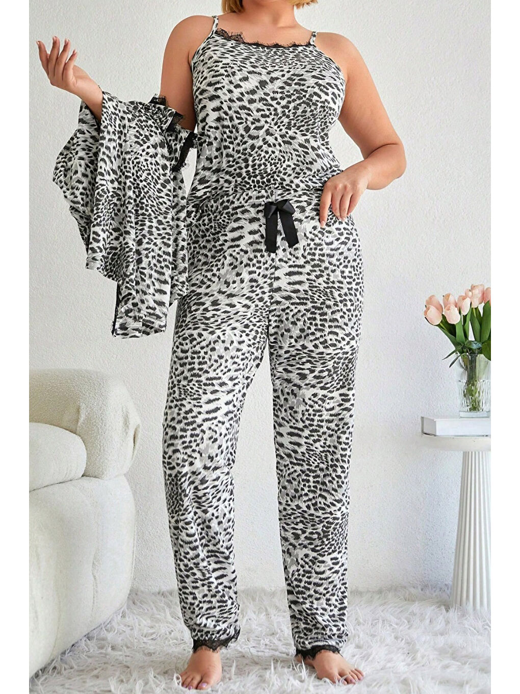 Desenli Üçlü Pijama Takımı Siyah Beyaz - 28075-SIYAH-BEYAZ-3