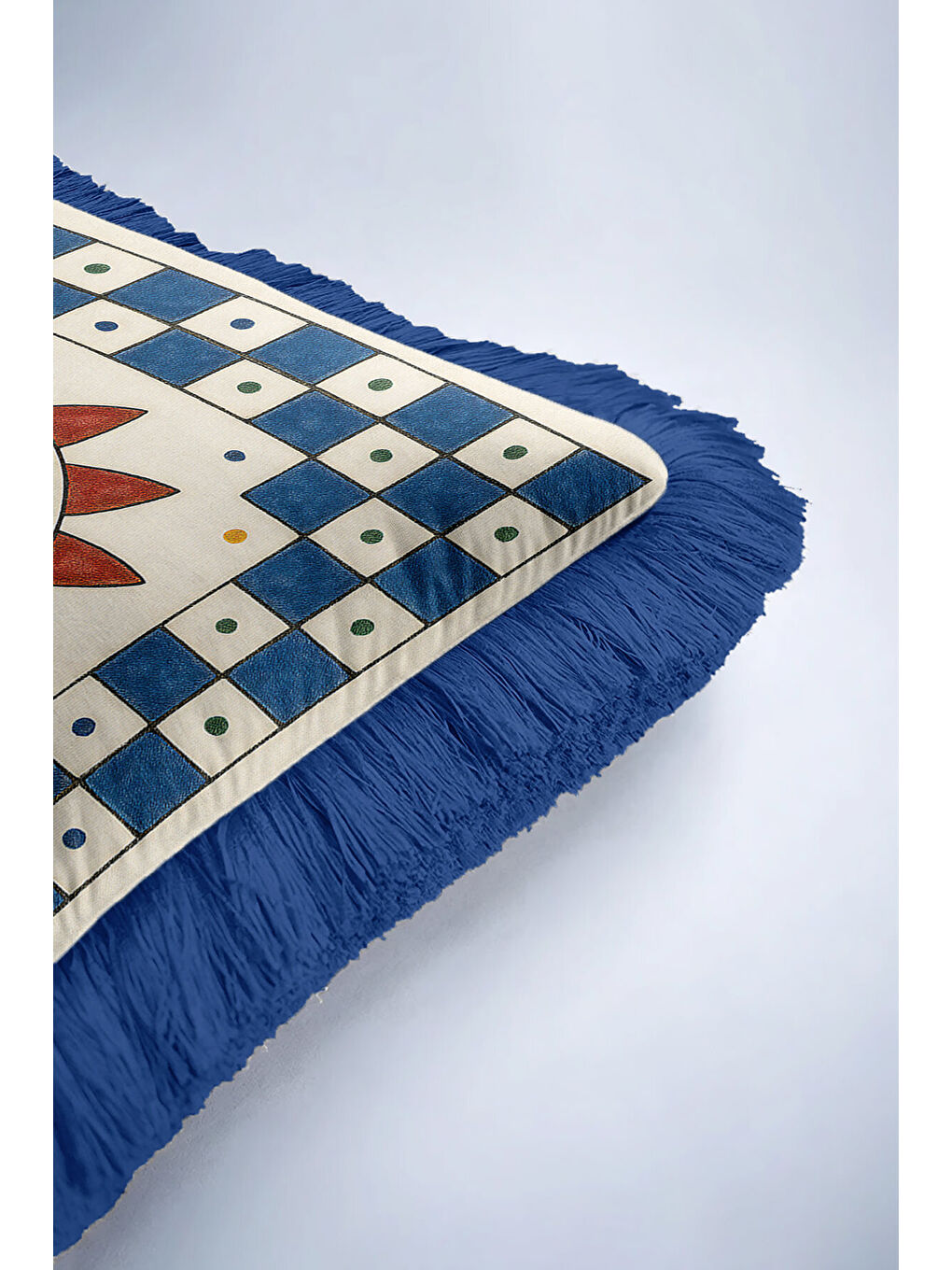 Karışık Saray Motifli Saçaklı Yastık Kılıfı - Mitolojik Figürlü Bohem Mavi Krem Püsküllü Kırlent Kılıfı-6