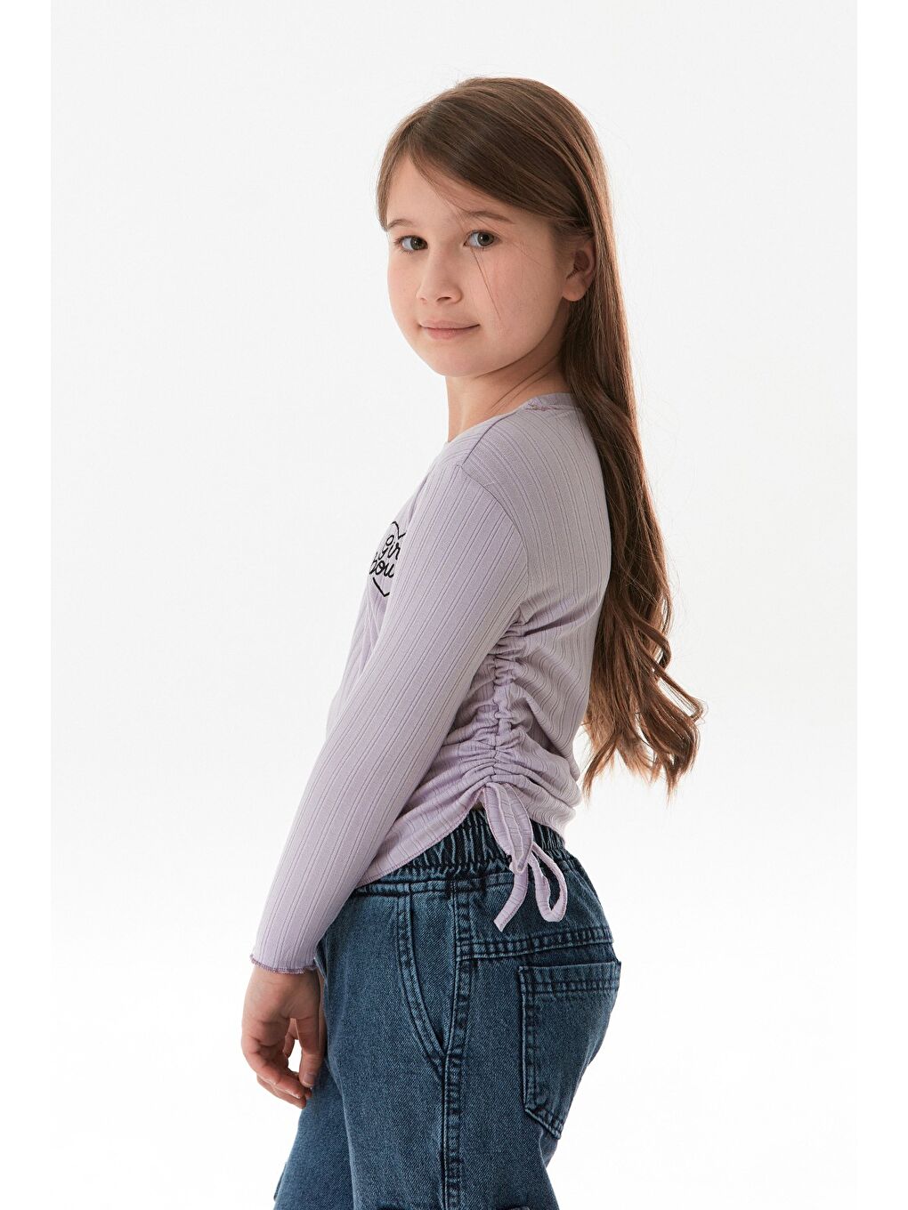 Lila Fitilli Girl Power Baskılı Yanları Büzgülü Kız Çocuk Bluz-4