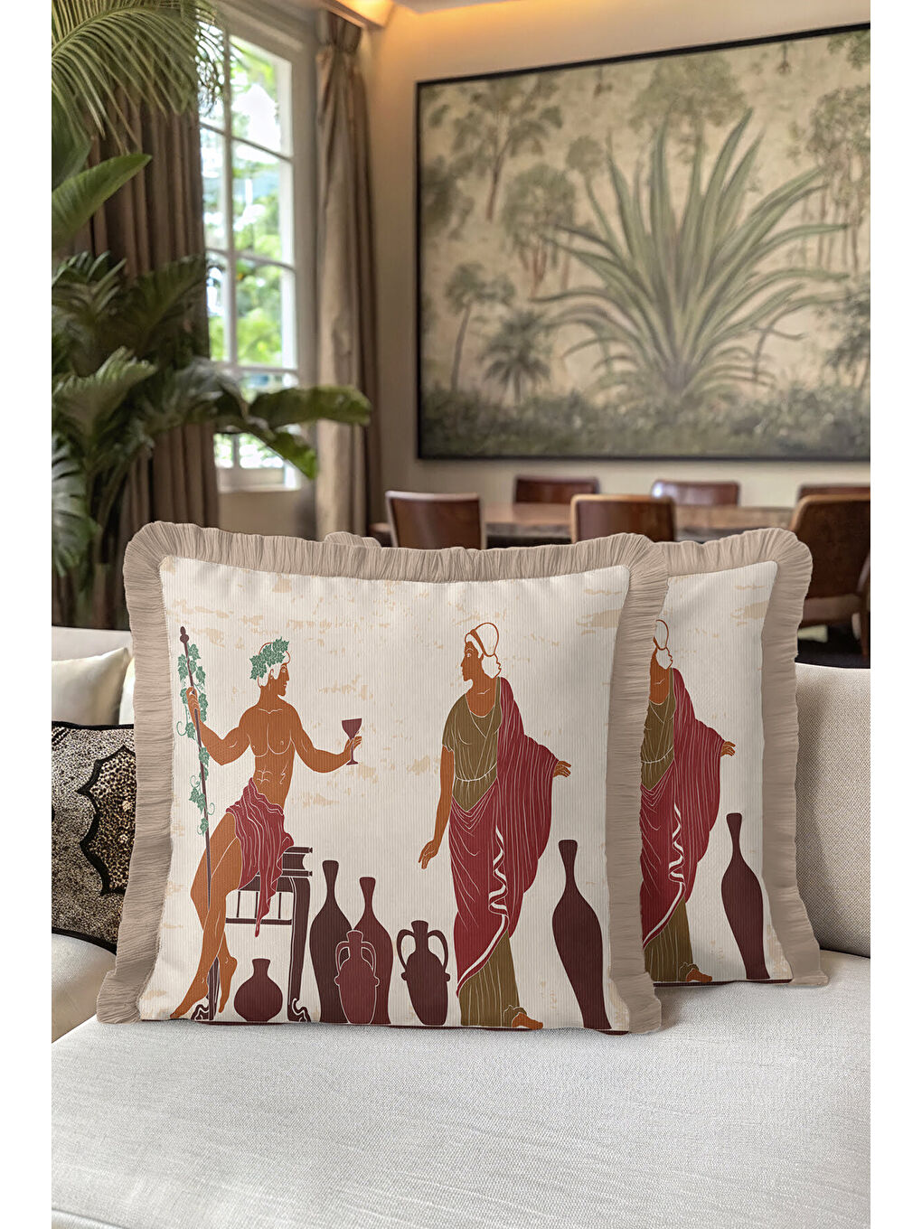 Karışık Antik Yunan Motifli Saçaklı Yastık Kılıfı - Klasik Etnik Bej Bordo Püsküllü Kırlent Kılıfı-5