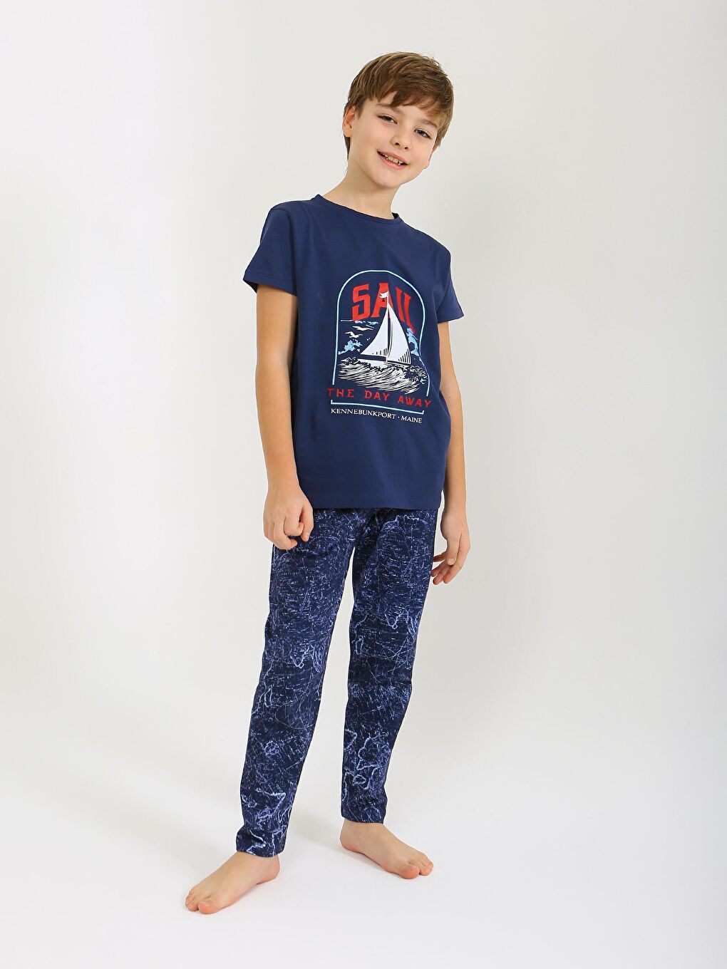 Lacivert Erkek Çocuk Kısa Kollu %100 Pamuklu Pijama Takımı Sail-4