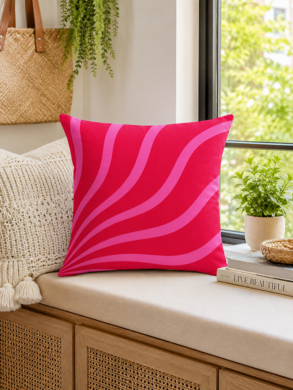 Fuşya Pembe Dalga Soyut Desenli Dekoratif Kırlent Kılıfı Modern Minimal Dekor 43x43 Cm-3