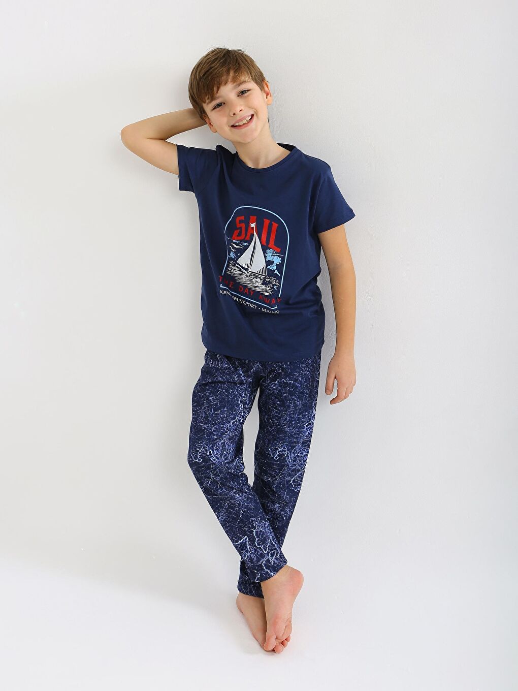 Lacivert Erkek Çocuk Kısa Kollu %100 Pamuklu Pijama Takımı Sail-5