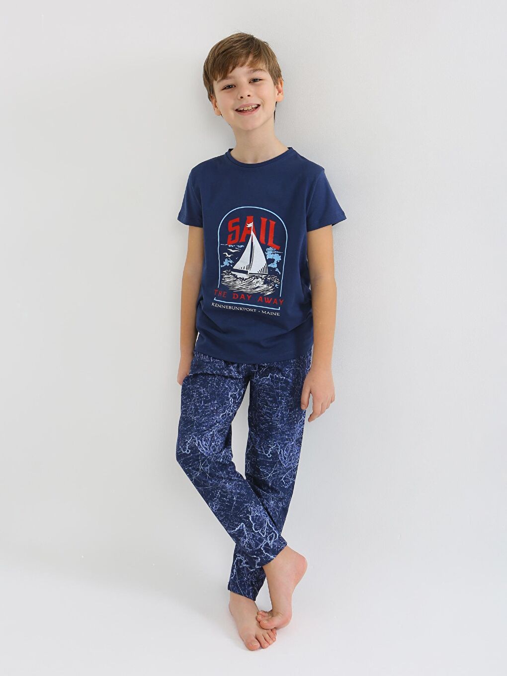 Lacivert Erkek Çocuk Kısa Kollu %100 Pamuklu Pijama Takımı Sail-6