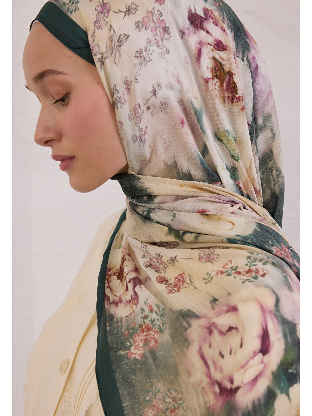 Vıntage Rose Desen Rami Şal Yeşil-2