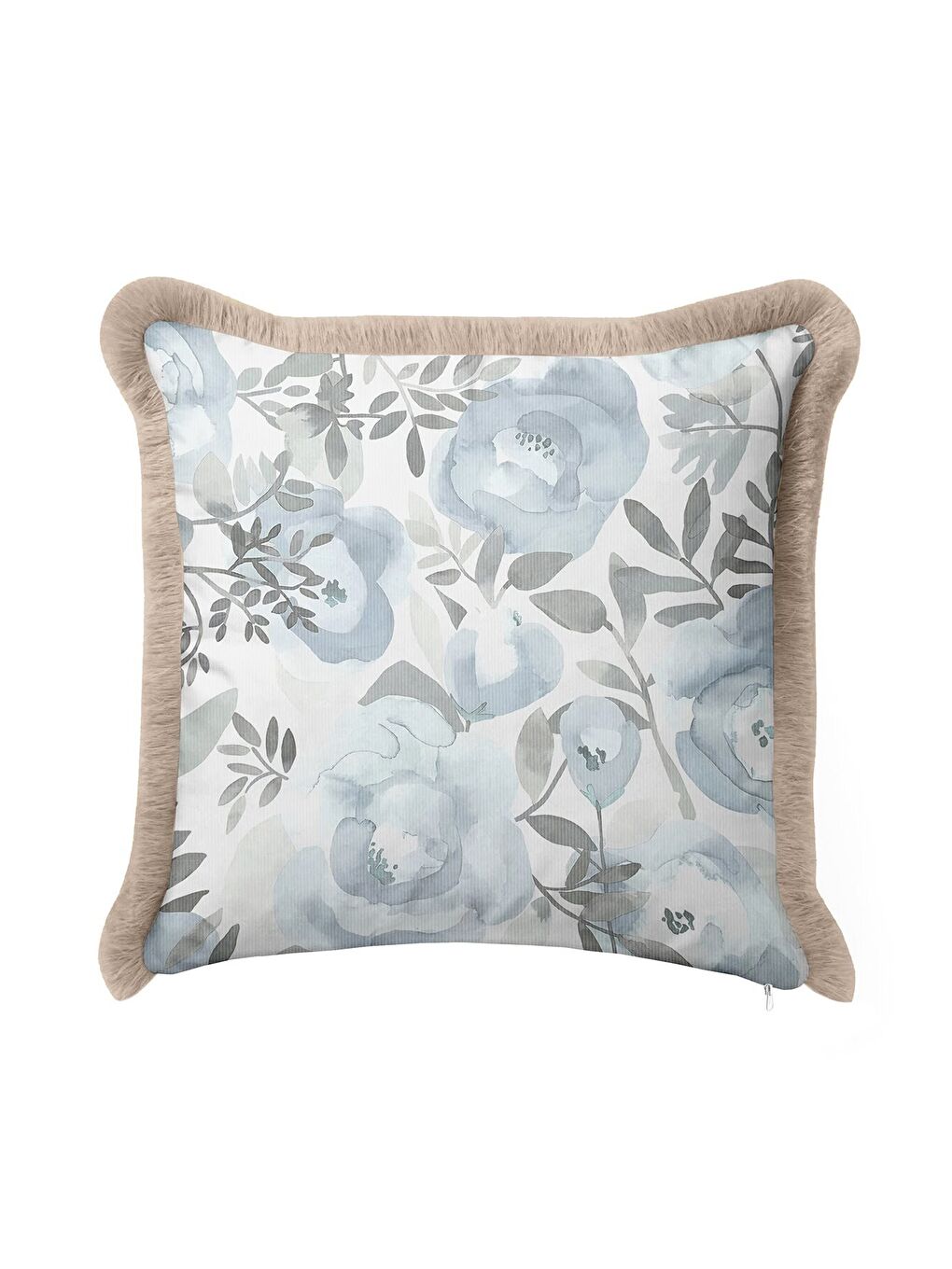 Karışık Sulu Boya Çiçekli Saçaklı Yastık Kılıfı - Pastel Mavi Bohem Sade Bej Püsküllü Kırlent Kılıfı-3