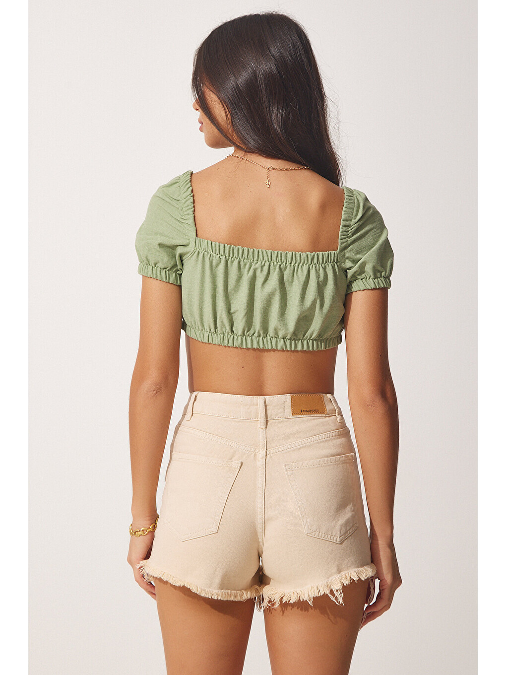 Yeşil Keten Karışımlı Büzgülü Crop Bluz ÇAĞLA YEŞİLİ LBV0070-4