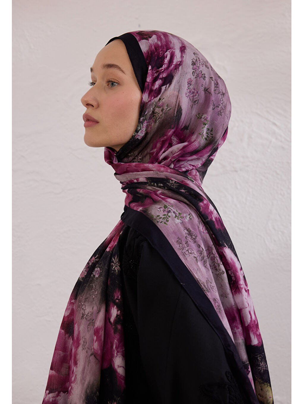 Vıntage Rose Desen Rami Şal Mürdüm-2