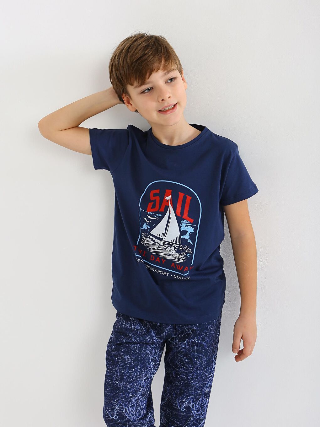 Lacivert Erkek Çocuk Kısa Kollu %100 Pamuklu Pijama Takımı Sail-7