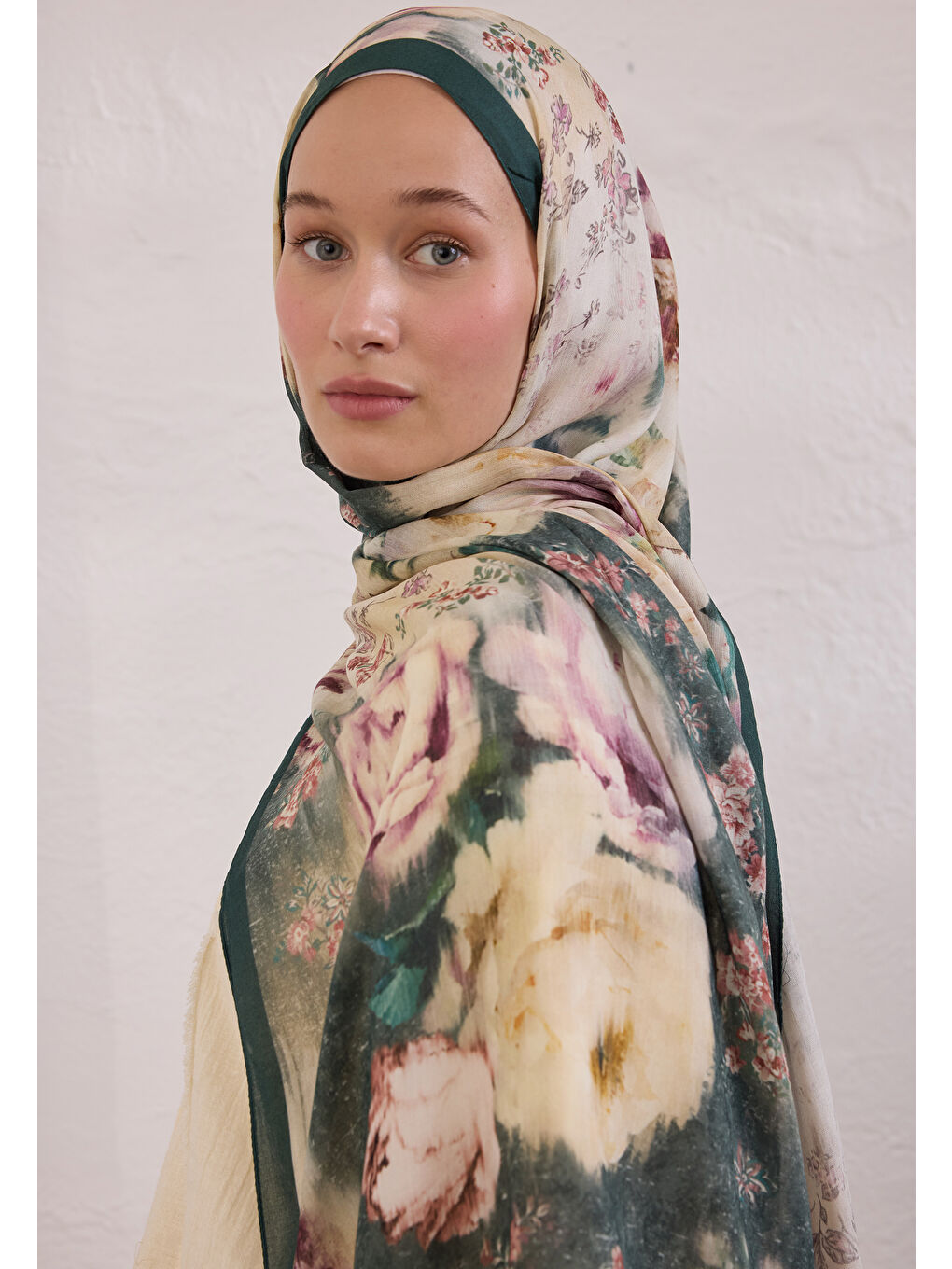 Vıntage Rose Desen Rami Şal Yeşil-3