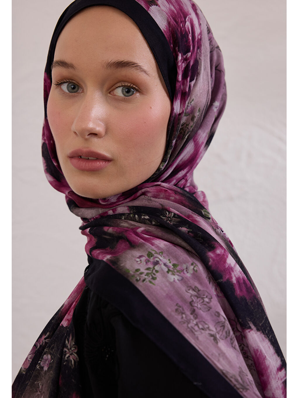 Vıntage Rose Desen Rami Şal Mürdüm-3