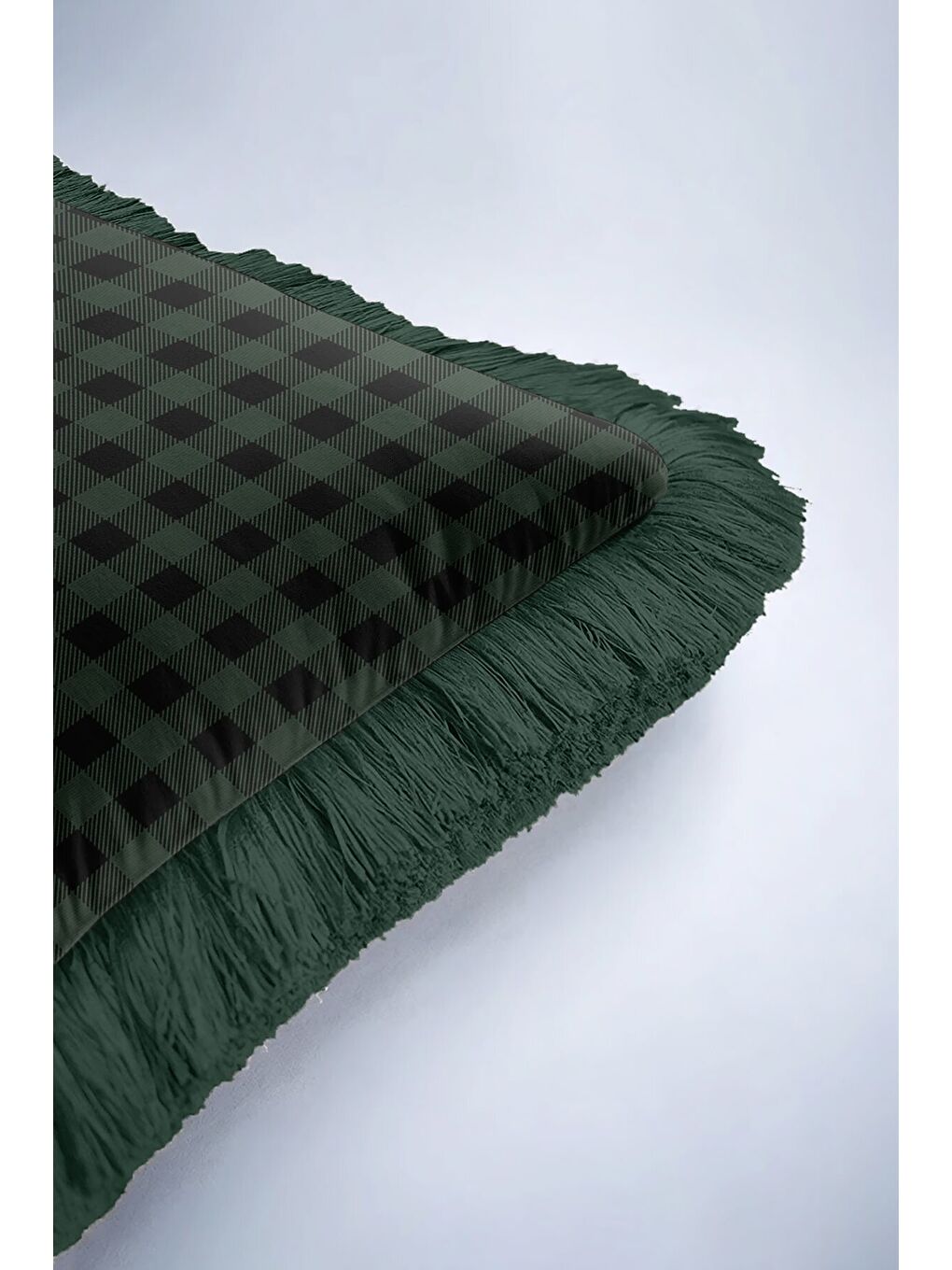 Karışık Lüks Ekose Saçaklı Yastık Kılıfı - Yeşil Kareli Klasik Rustik Püsküllü Kırlent Kılıfı-6