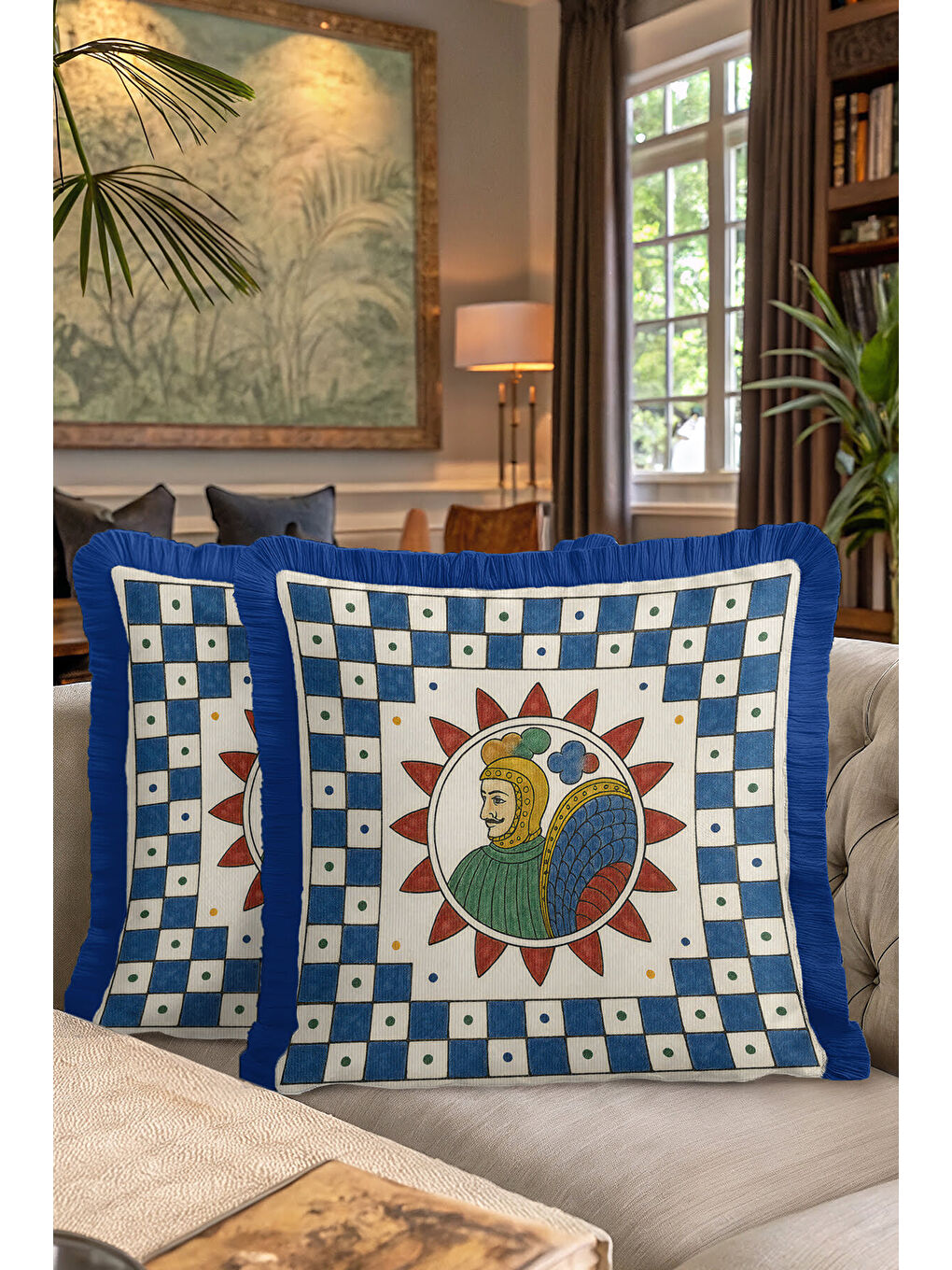 Karışık Saray Motifli Saçaklı Yastık Kılıfı - Mitolojik Figürlü Bohem Mavi Krem Püsküllü Kırlent Kılıfı-7