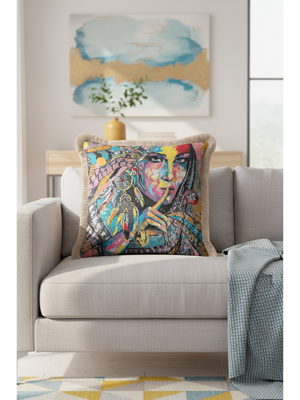 Karışık Renkli Sanat Portre Saçaklı Yastık Kılıfı - Bohem Etnik Vurgulu Mavi Bej Püsküllü Kırlent Kılıfı-4