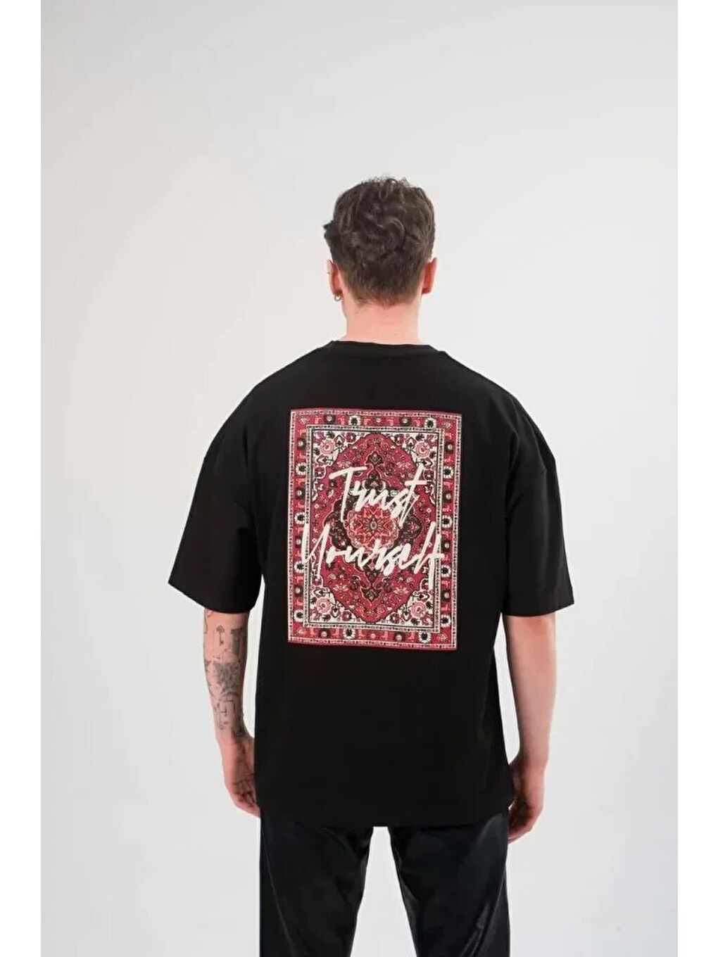 Unisex Bisiklet Yaka Baskılı Oversize T-Shirt - Siyah-1