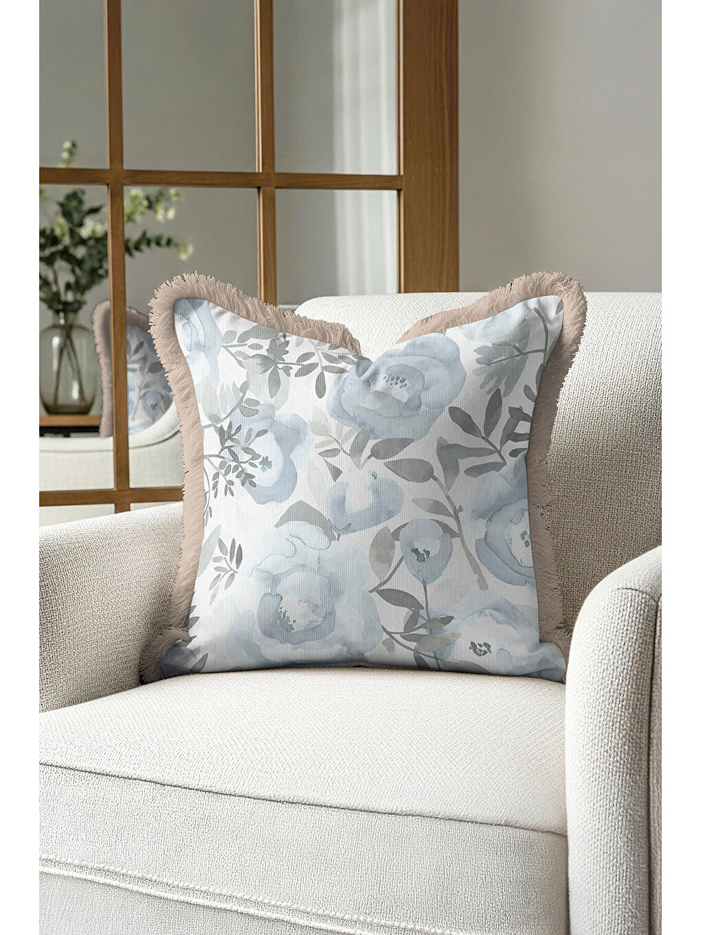 Karışık Sulu Boya Çiçekli Saçaklı Yastık Kılıfı - Pastel Mavi Bohem Sade Bej Püsküllü Kırlent Kılıfı-4