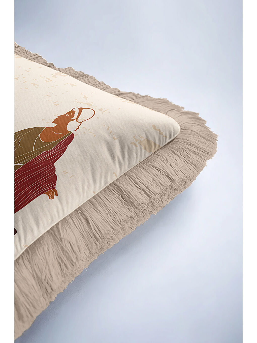 Karışık Antik Yunan Motifli Saçaklı Yastık Kılıfı - Klasik Etnik Bej Bordo Püsküllü Kırlent Kılıfı-6
