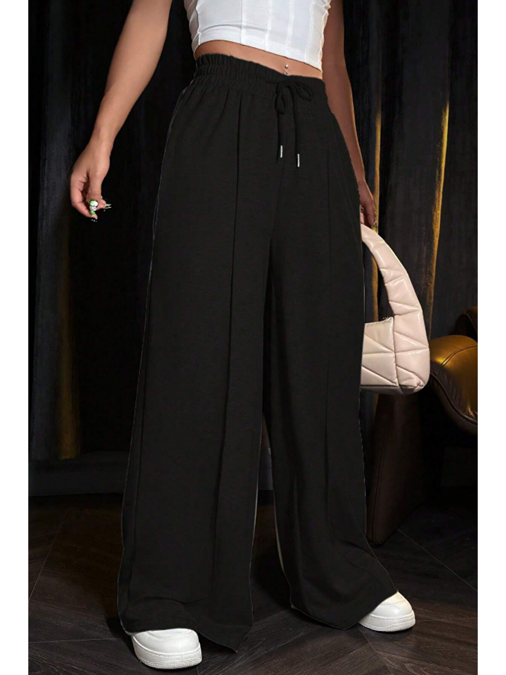 Kadın Siyah Çımalı 2 Iplik Bol Paça Eşofman Altı-1