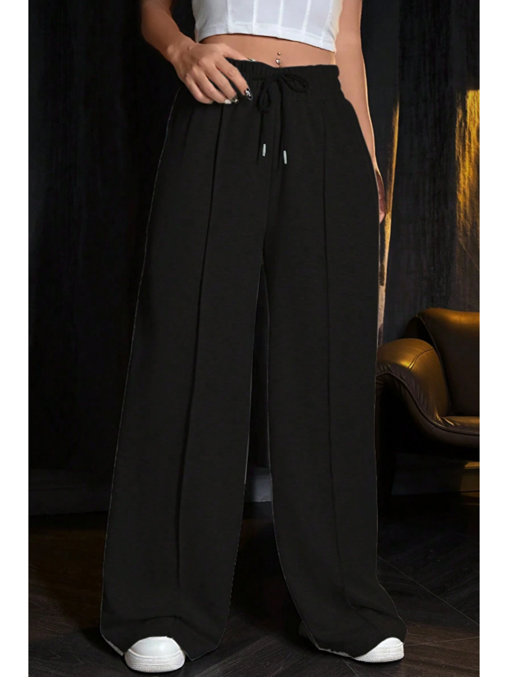 Kadın Siyah Çımalı 2 Iplik Bol Paça Eşofman Altı-2