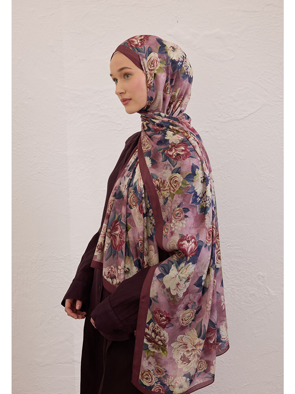 Pembe Magnolıa Desen Rami Şal Gül Kurusu-1