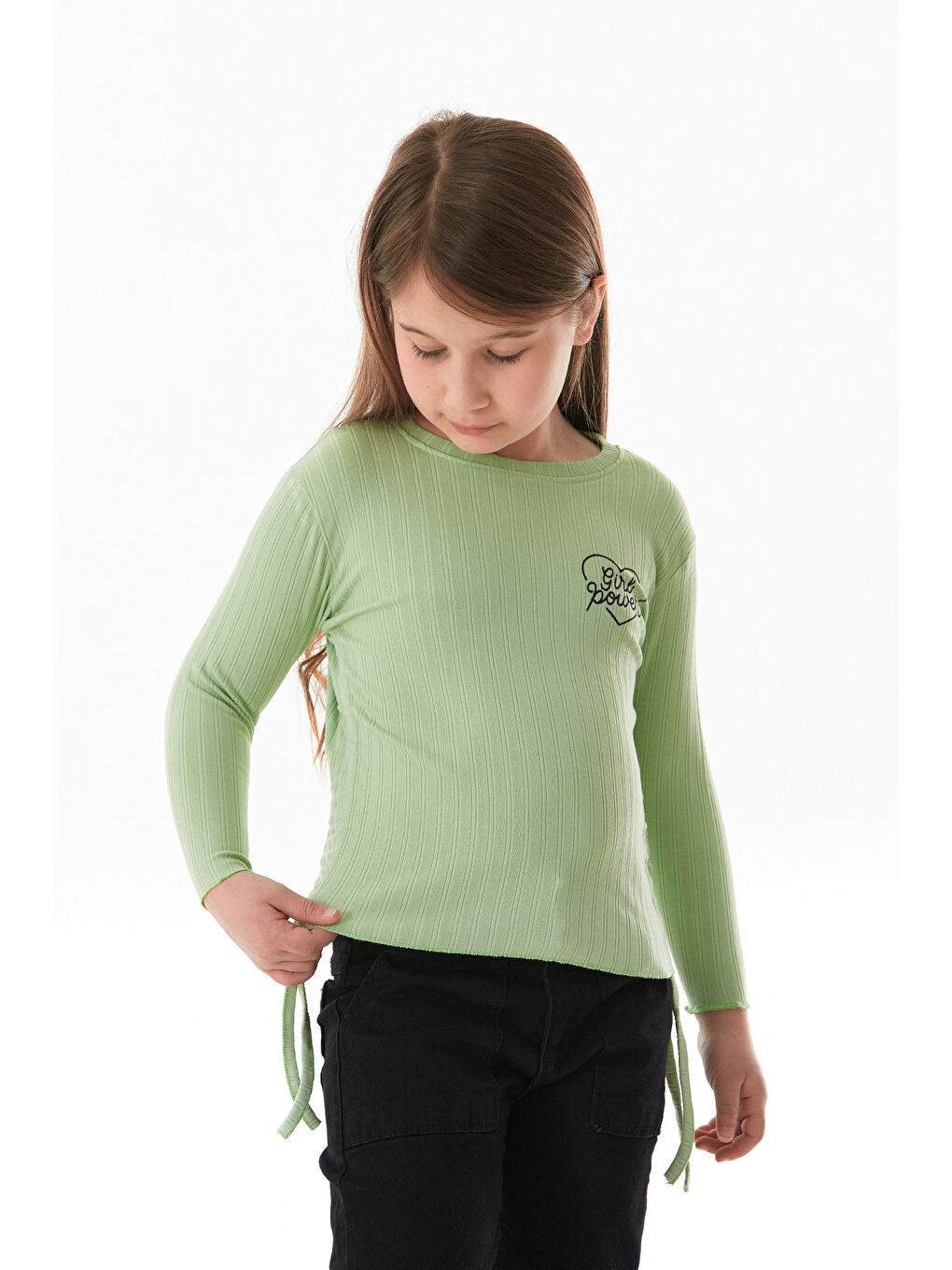 Turkuaz Fitilli Girl Power Baskılı Yanları Büzgülü Kız Çocuk Bluz-1