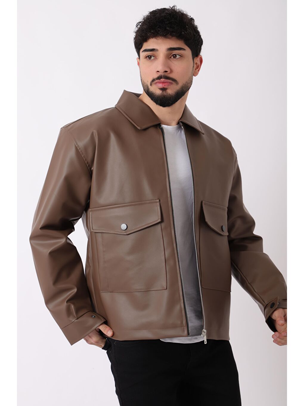 Kahverengi Torba Cepli Yakalı Suni Deri Mont PLDP 2997_50444