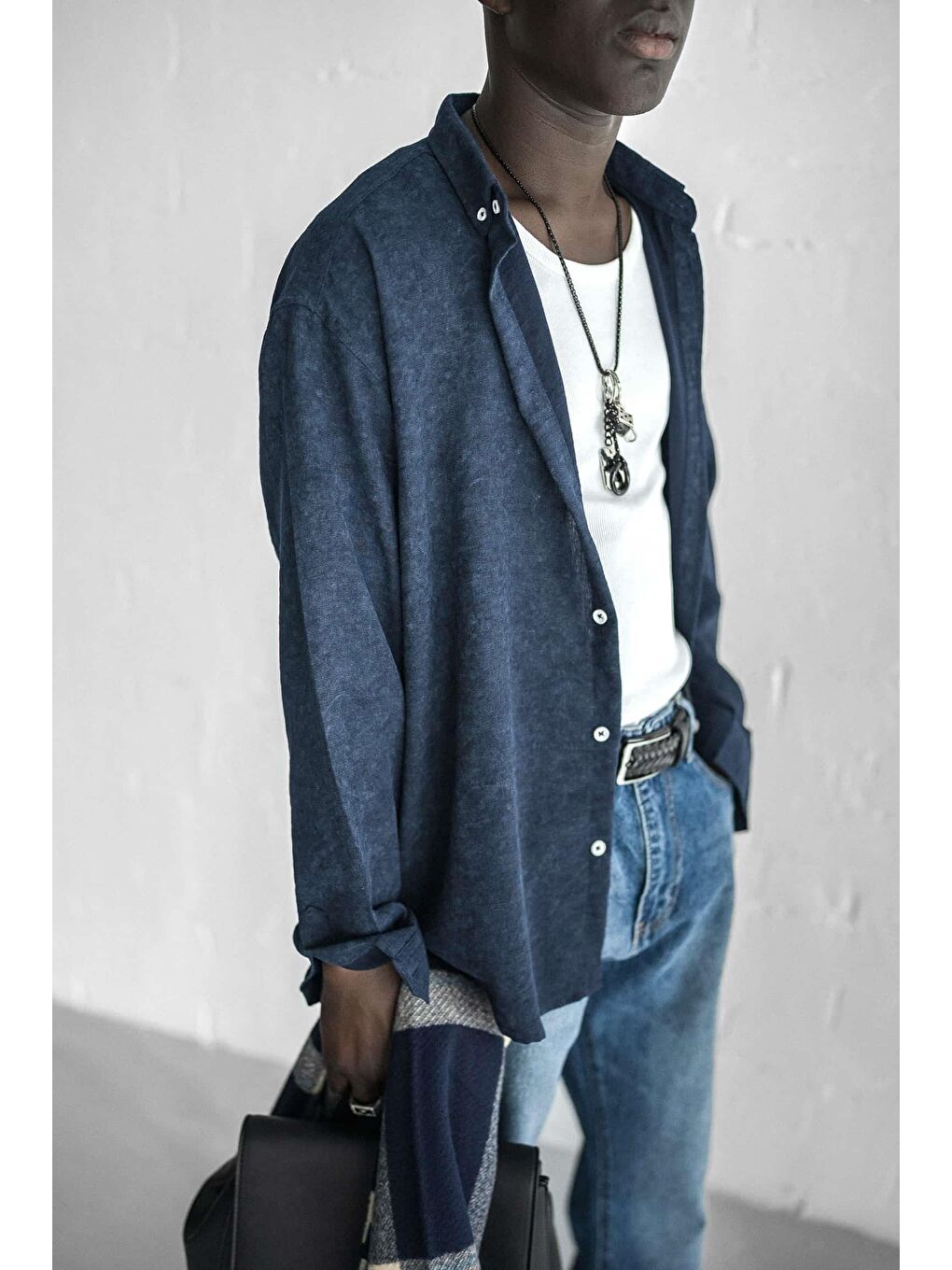 Erkek Uzun Kollu Desenli Oversize Gömlek Lacivert-1