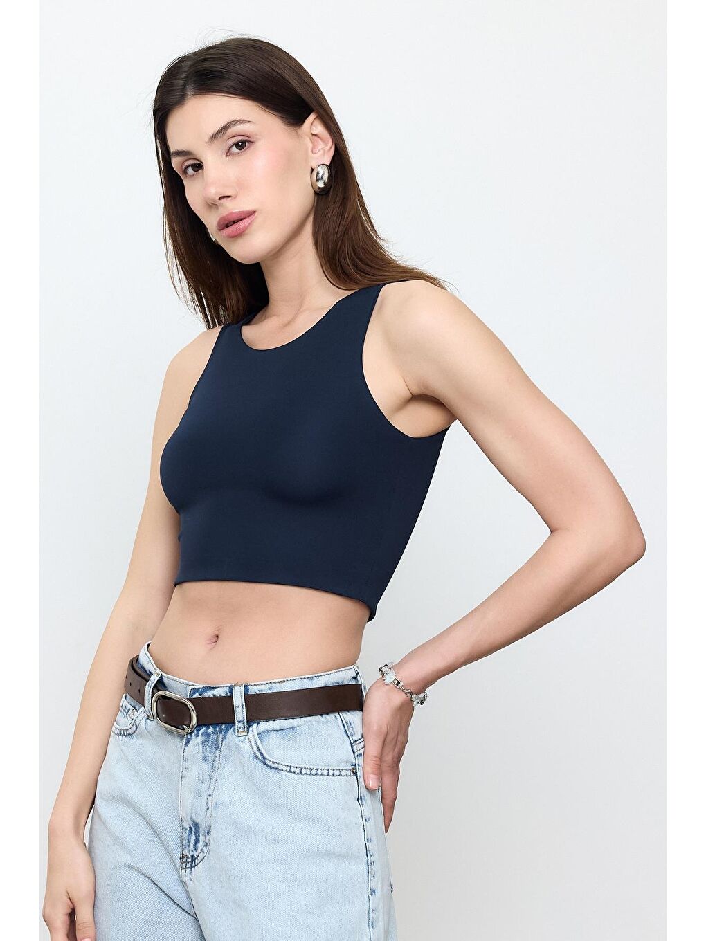 Lacivert Slimfit Crop Top Bluz-1